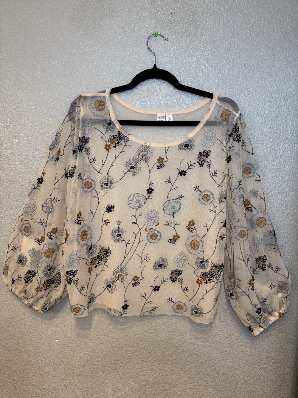 Melrose and Market Sheer Floral Embroidered Mesh Blouse Balloon Sleeve Top